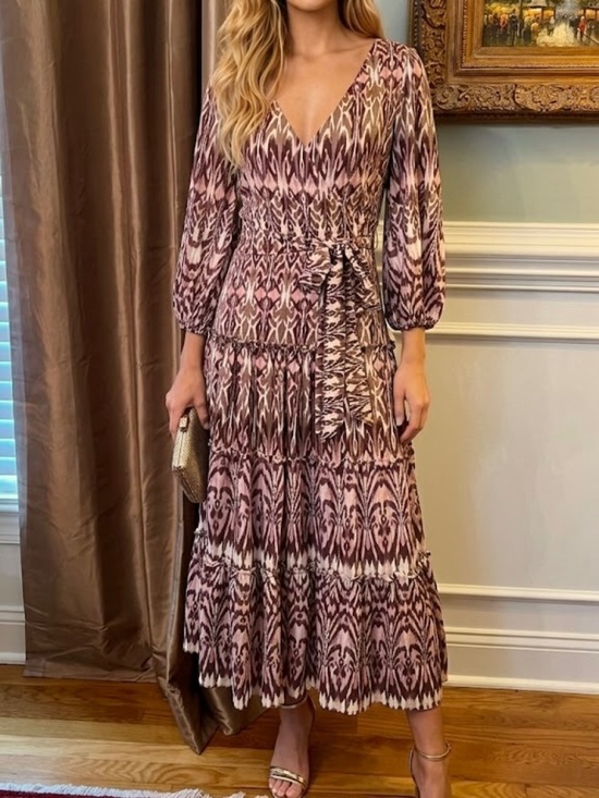 Maison Tara Dresses & Skirts - $228 NWT Maison Tara Brown Pink Midi Length Tiered V-Neck Dress Size 16